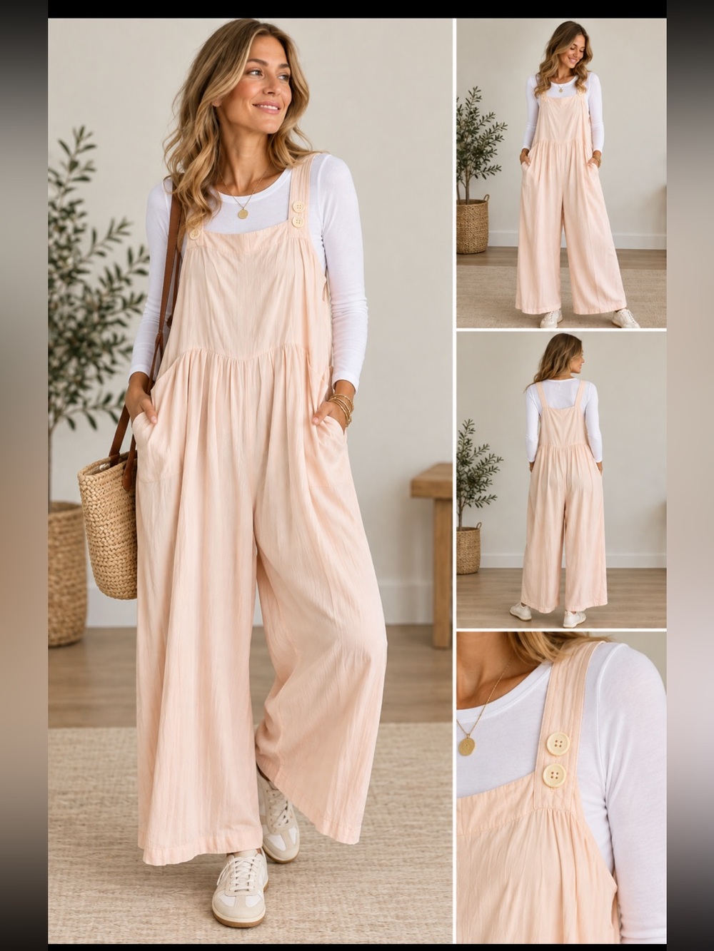 YESNO Solid Light Pink Loose Cotton Jumpsuit Overalls Size L NWT